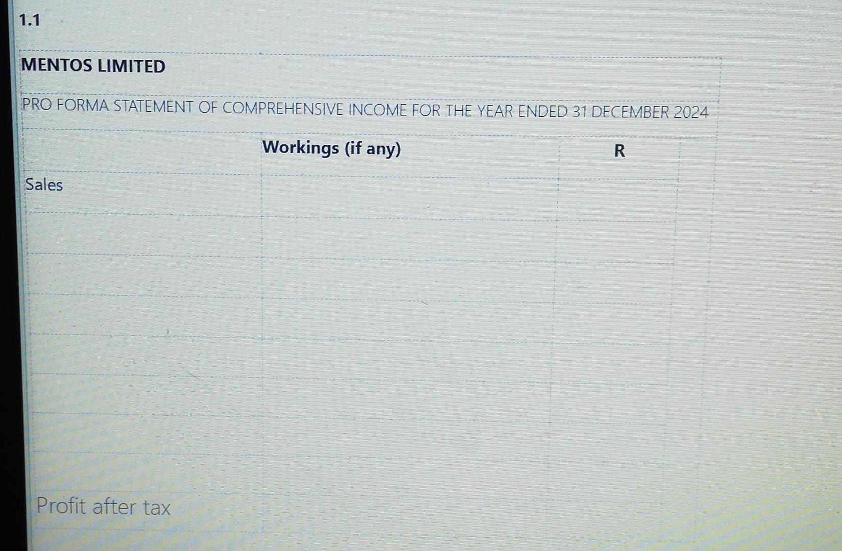 Pro-forma Statement of Comprehensive Income of Mentos Limited for the year ended