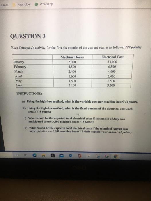  Gmail New folder WhatsApp QUESTION 3 Blue Company's activity for the