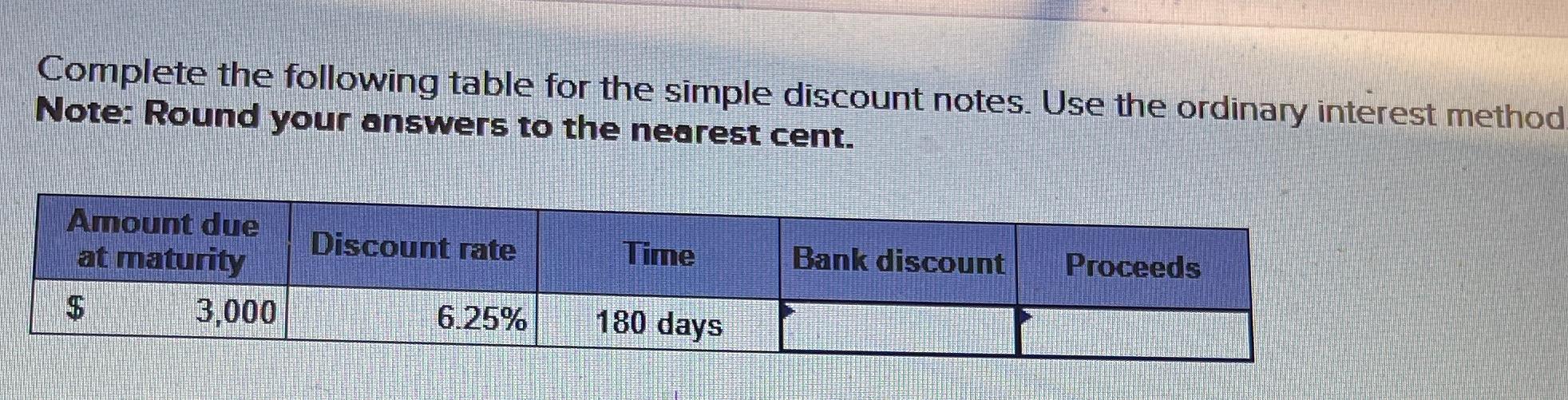  Complete the following table for the simple discount notes. Use the