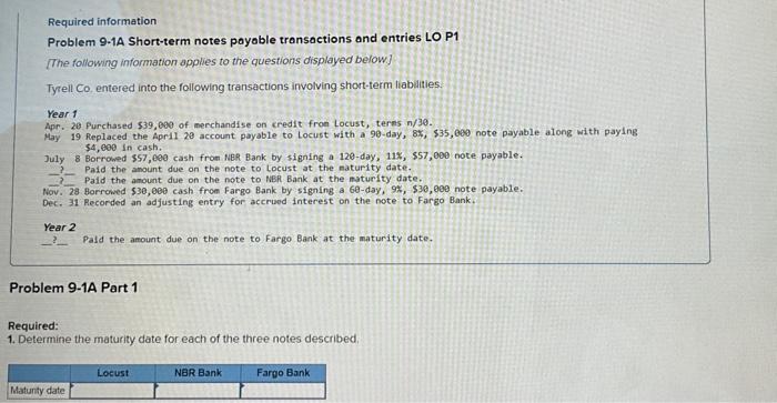  Required information Problem 9-1A Short-term notes payoble transactions and entries LO