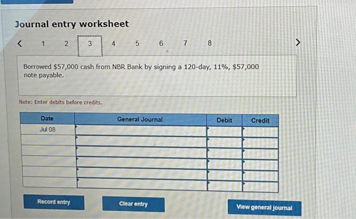 Borrowed 557,000 cash from NeR Bank by signing a 120-day, 11x, \$57,000