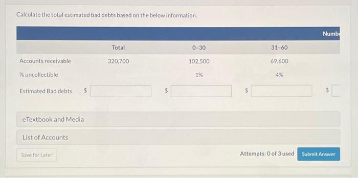  Calculate the total estimated bad debts based on the below information.