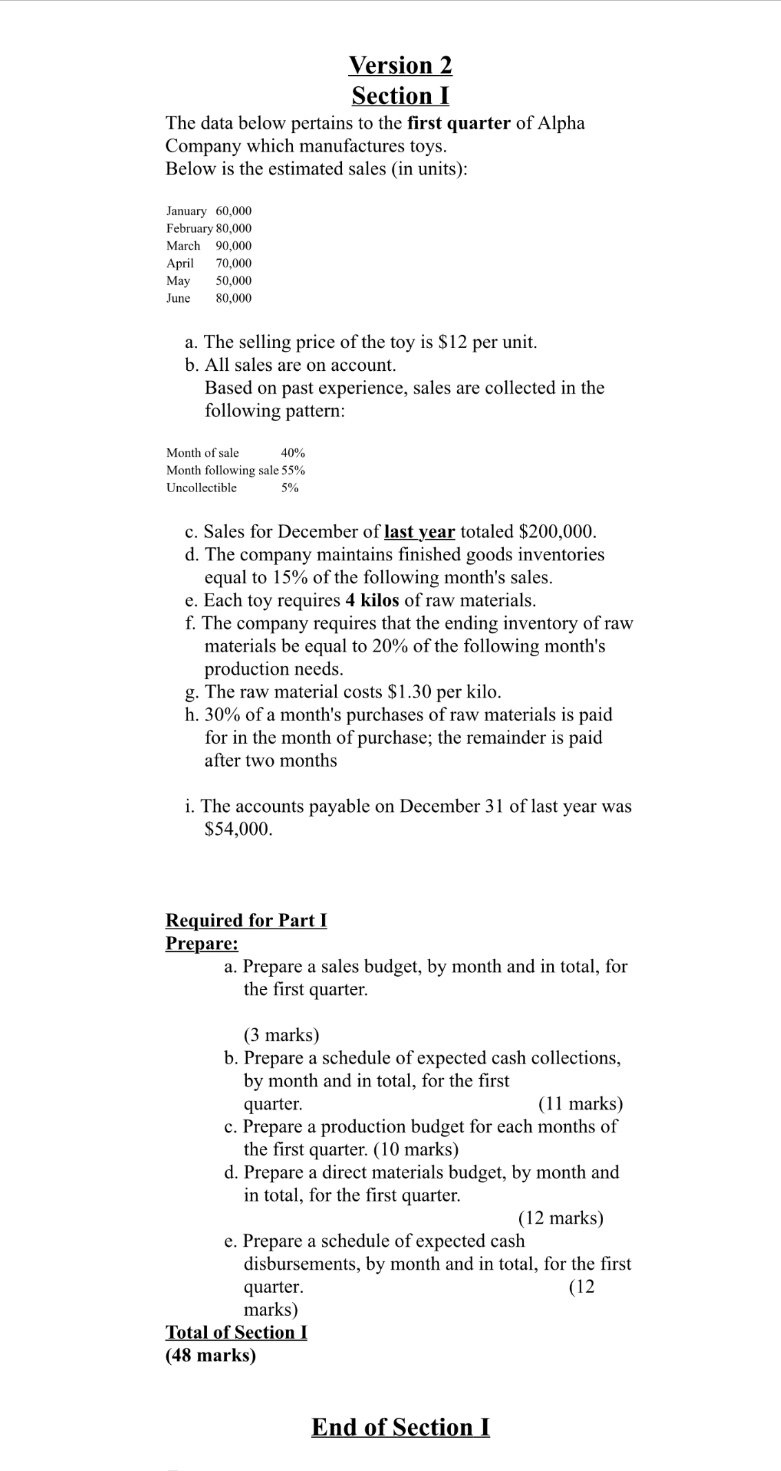  Version 2 Section I The data below pertains to the first