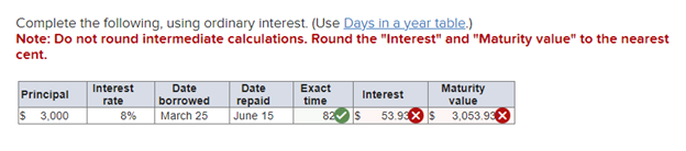  Complete the following, using ordinary interest. (Use Days in a year