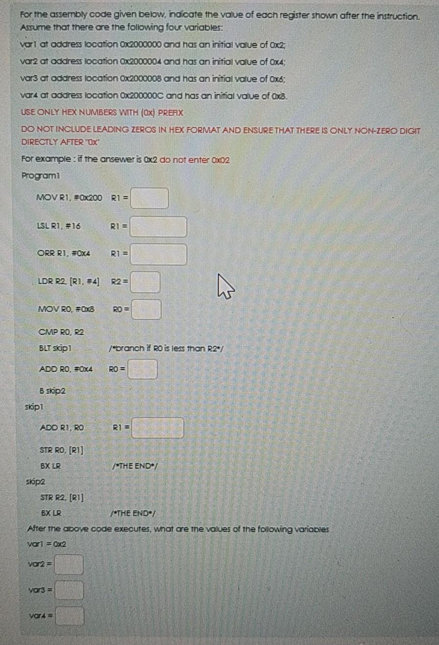  For the assembly code given below, indicate the value of eoch
