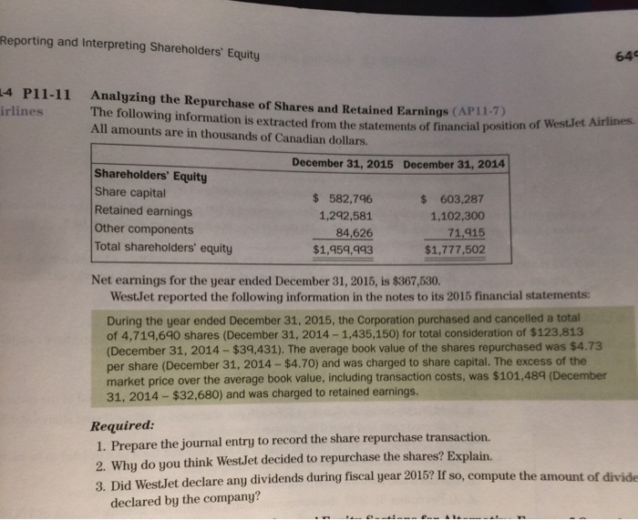  Reporting and Interpreting Shareholders' Equity 64 4 P11-11 irlines Analyzing the