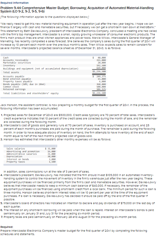  Required Information Problem 9-44 Comprehenslve Master Budget; Borrowing: Acquisition of Automated