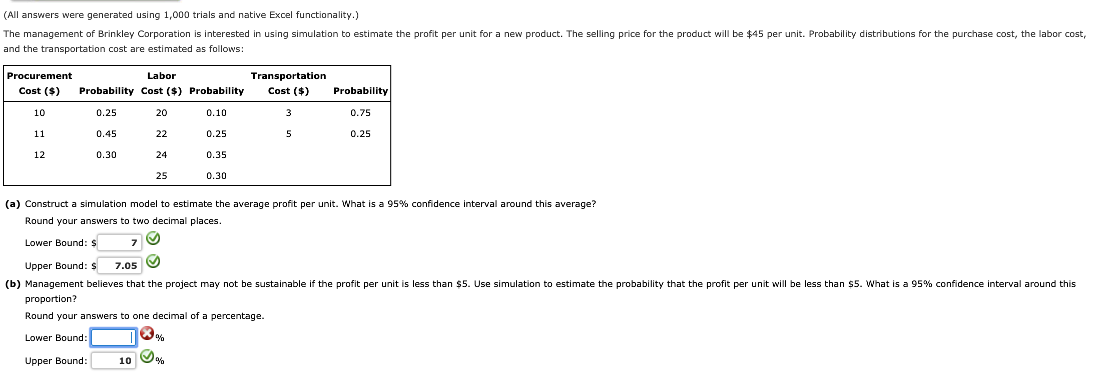 Please help answer (b) lower bound %. (All answers were generated using