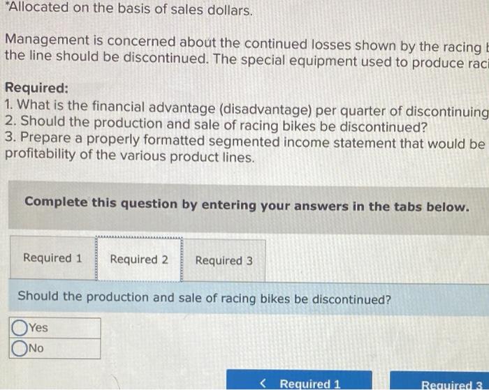 mountain bike, and a racing bike. Data on sales and expenses for