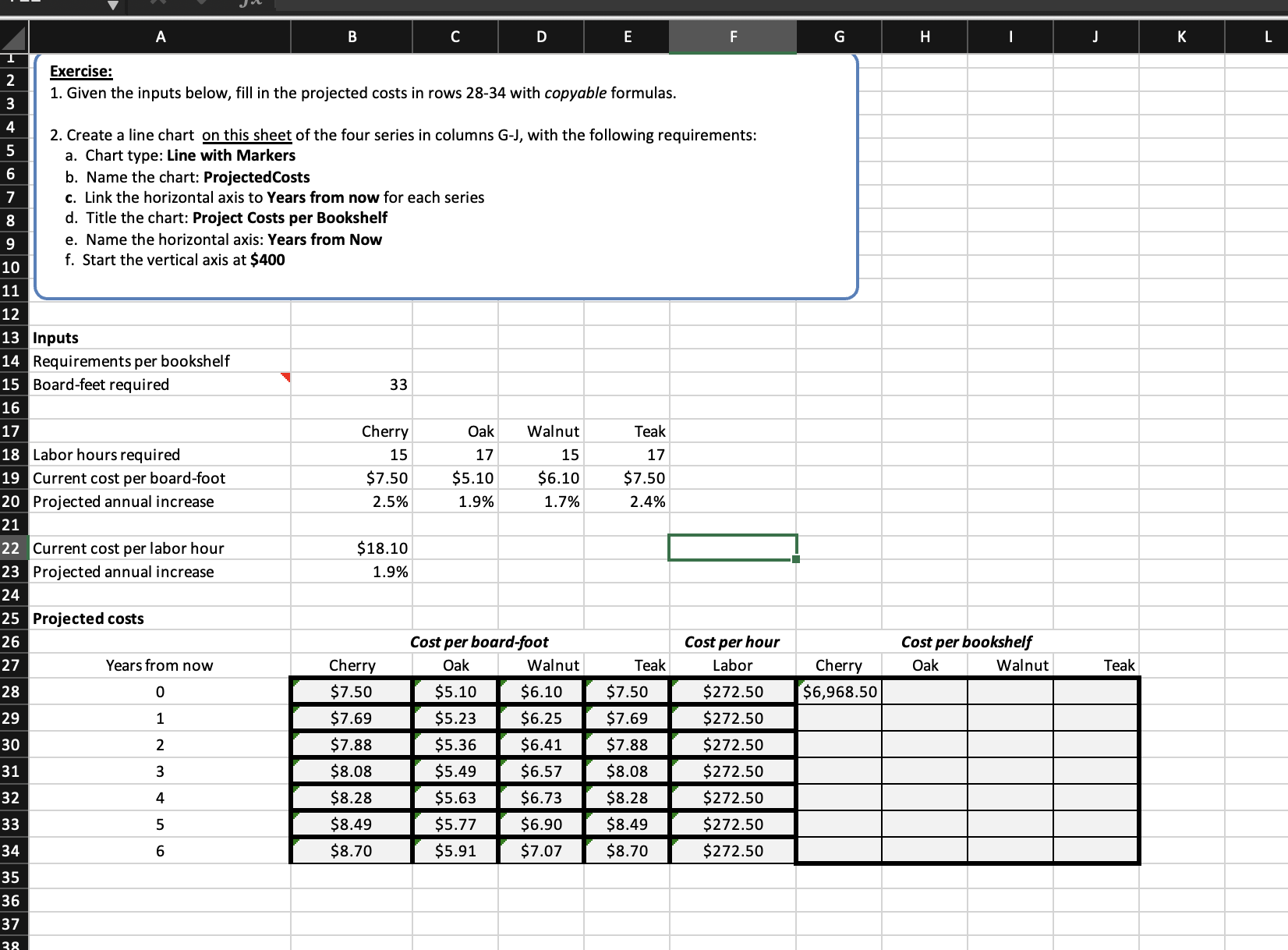 Exercise: 1. Given the inputs below, fill in the projected costs in