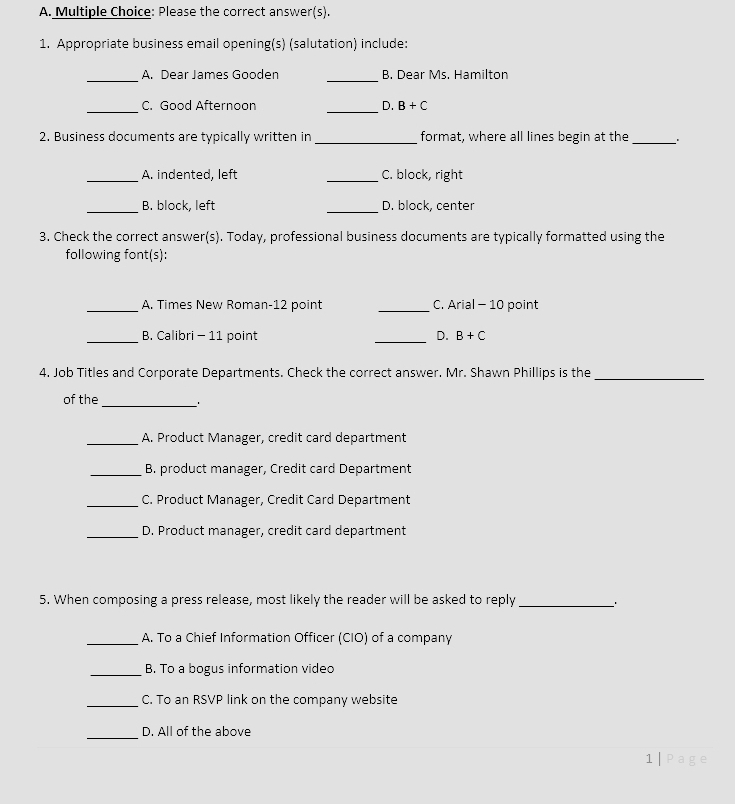  A. Multiple Choice: Please the correct answer(s). Appropriate business email opening(s)(salutation)