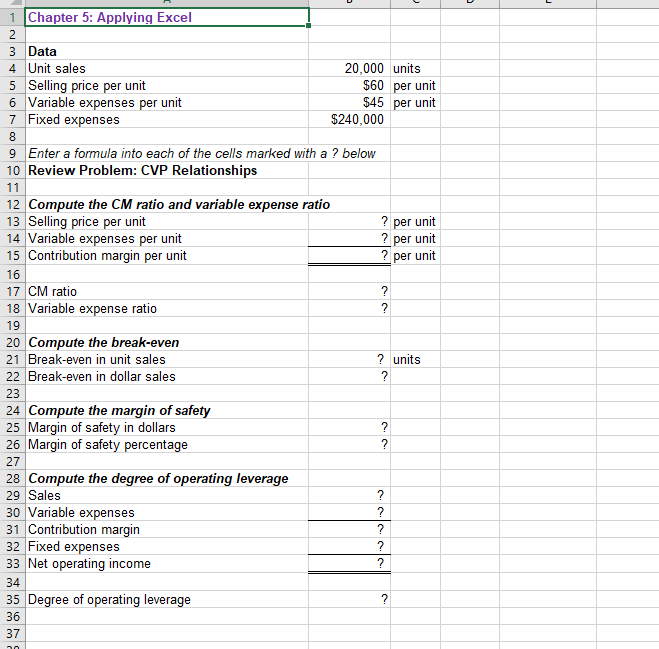  1 Chapter 5: Applying Excel 2 3 Data 4 Unit sales