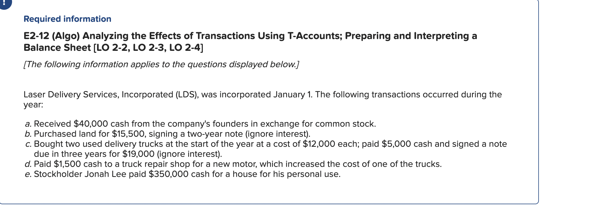 Required information E2-12 (Algo) Analyzing the Effects of Transactions Using T-Accounts;