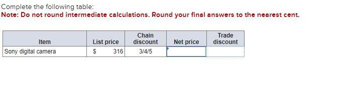 Complete the following table: Note: Do not round intermediate calculations. Round your