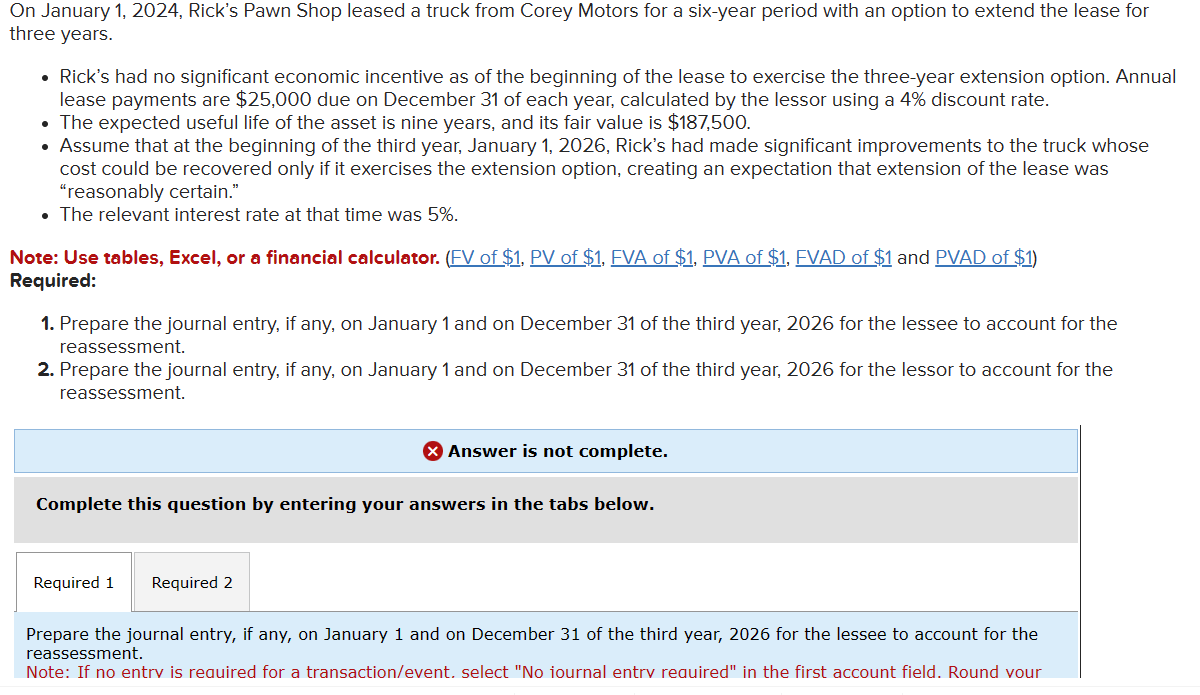  On January 1,2024, Rick's Pawn Shop leased a truck from Corey
