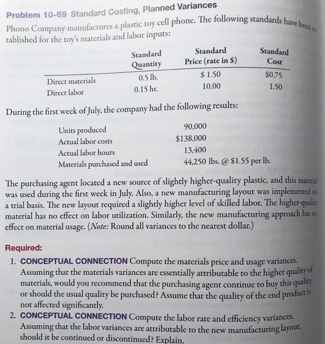  #1 and #2 please Problem 10-69 Standard Costing, Planned Variances Phono