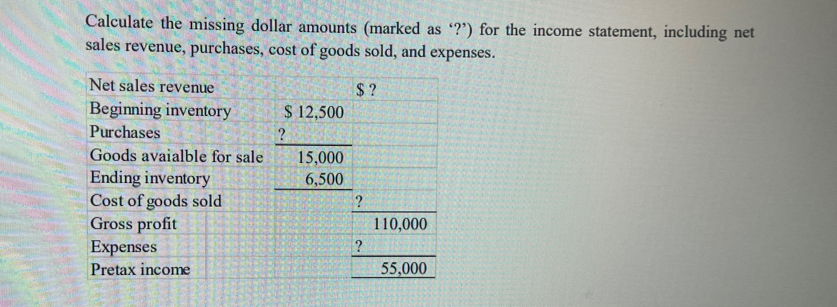  Calculate the missing dollar amounts (marked as '?') for the income