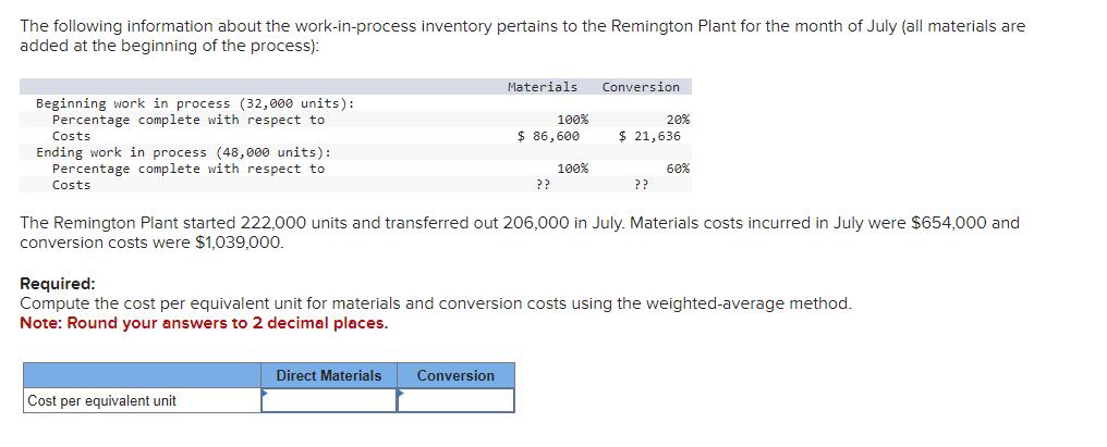  The following information about the work-in-process inventory pertains to the Remington