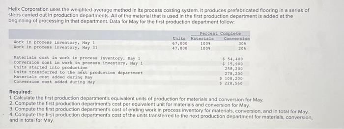It manufactures a product that passes hrough two departments. Data for a