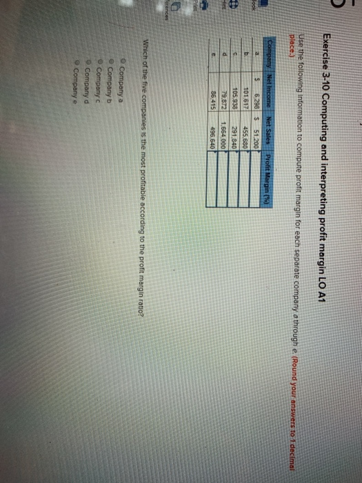  Exercise 3-10 Computing and interpreting profit margin LO A1 r answers