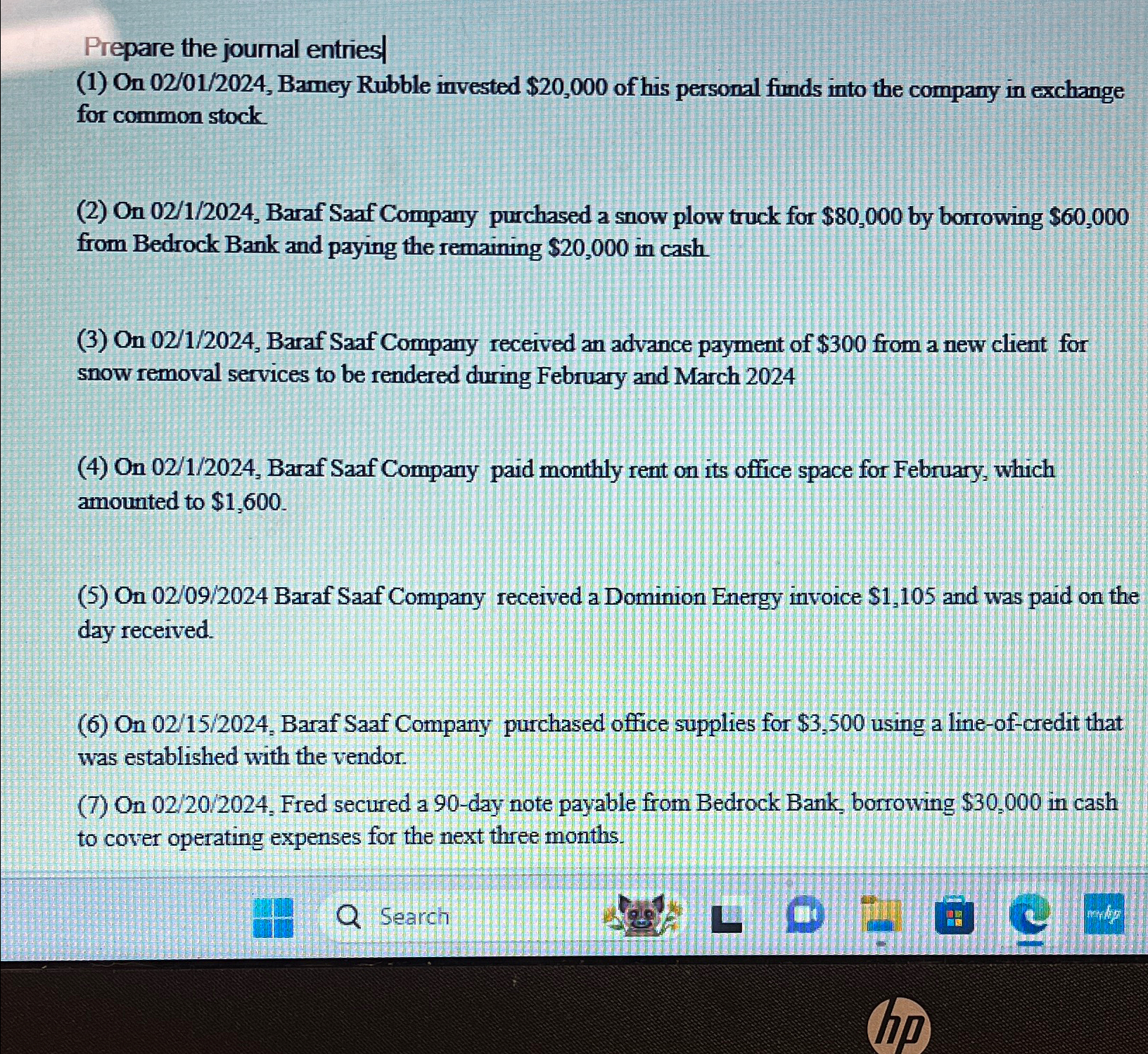  Prepare the joumal entries| (1) On 02/01/2024, Bamey Rubble invested $20,000