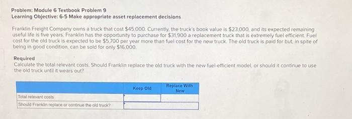  Problem: Module 6 Textbook Problem 9 Learning Objective: 6-5 Make appropriate