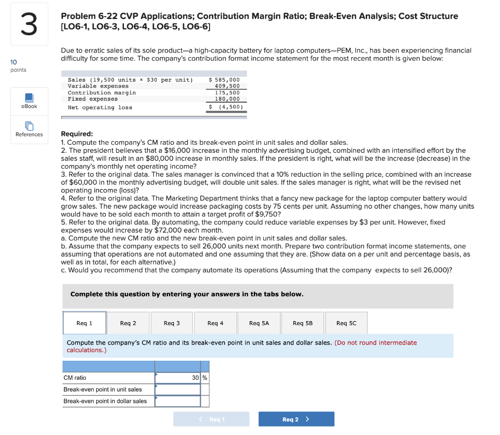  Problem 6-22 CVP Applications; Contribution Margin Ratio; Break-Even Analysis; Cost Structure