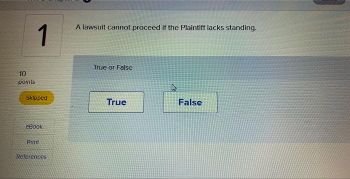 A lawsuit Cannot proceed if the Plaintiff lacks standing. True or False