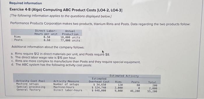  Exercise 4-8 (Algo) Computing ABC Product Costs [LO4-2, LO4-3] [The following