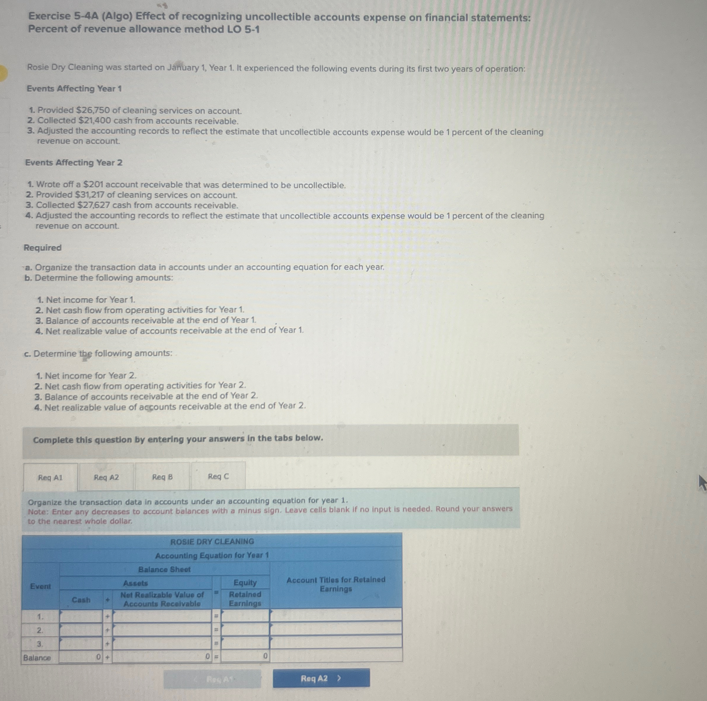  Exercise 5-44(Algo) Effect of recognizing uncollectible accounts expense on financial statements: