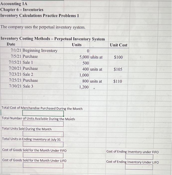  Accounting 1A Chapter 6 - Inventories Inventory Calculations Practice Problems 1
