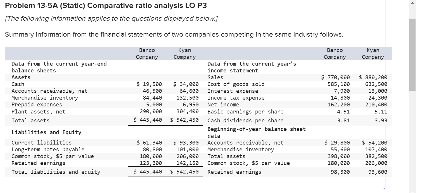 Question 9 Regular H Problem 13-5A (Static) Comparative ratio analysis LO P3