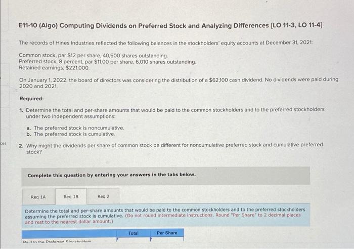  E11-10 (Algo) Computing Dividends on Preferred Stock and Analyzing Differences [LO