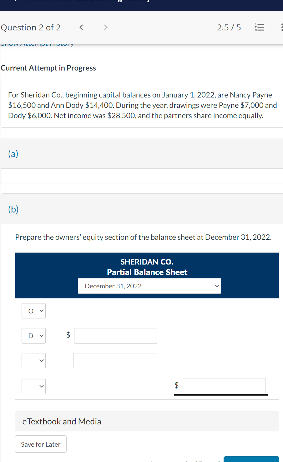  Current Attempt in Progress For Sheridan Co., beginning capital balances on