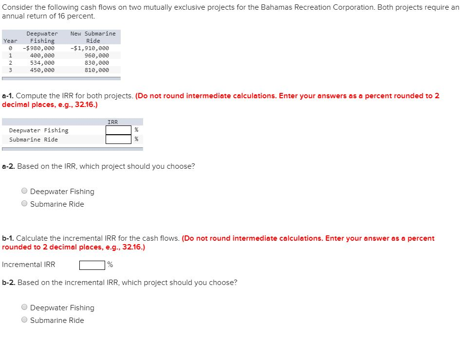 Consider the following cash flows on two mutually exclusive projects for