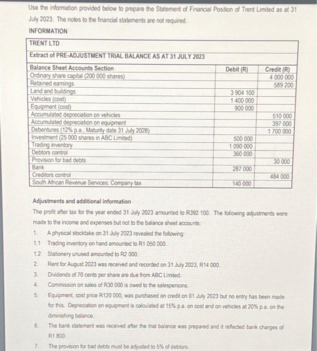 Financial Reporting abd Analysis Use the information provided below to prepare the