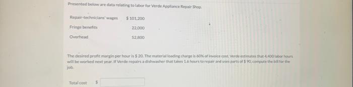  Presented below are data relating to labor for Verde Appliance Repair