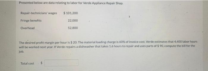 Shoo. Repair technicians wages $101.200 Fringe benefits 22.000 Overhead 52.00 The desired
