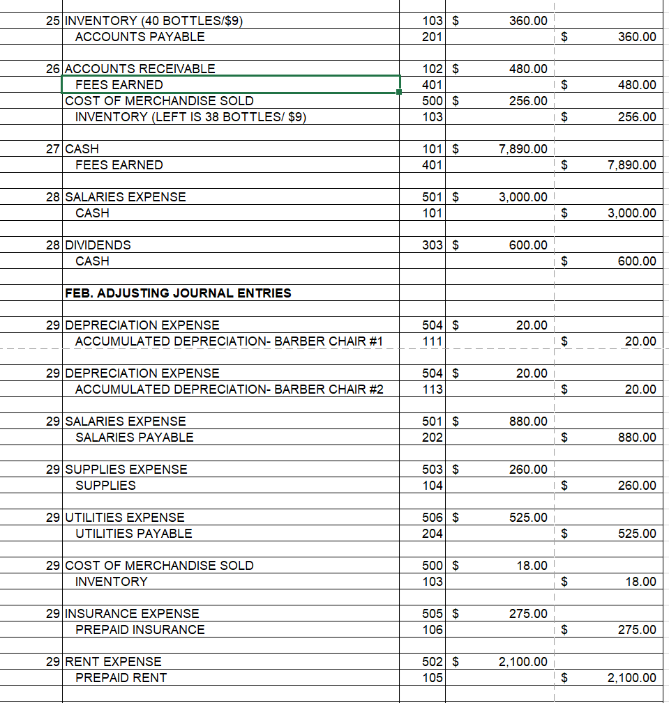 BARBER CHAIR #1 BARBER CHAIR #2 CASH 110 112 101 $3,000.00 $2,400.00