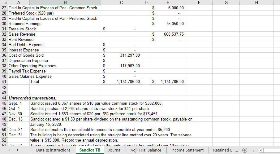 ACC 101 Comprehensive Problem 2 J 1 2 3 Sandlot Corporation's trial
