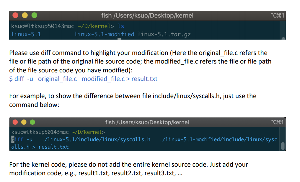 kernel source code you modified. Also please show a screenshot of "$