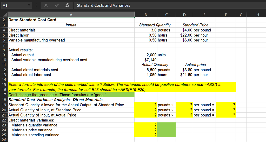  Data: Standard Cost Card Inputs Standard Quantity Standard Price Direct materials