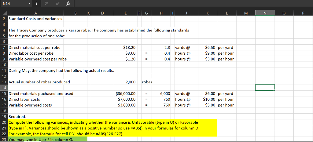 Data: Standard Cost Card Inputs Standard Quantity Standard Price Direct materials