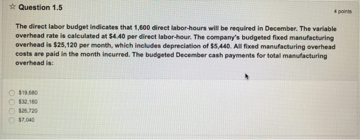  Question 1.5 4 points The direct labor budget indicates that 1,600