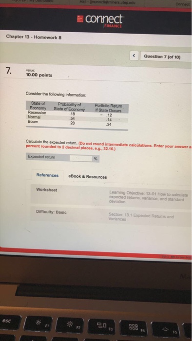  utep.adu Connect Chapter 13 - Homework 8 Question 7 (of 10)
