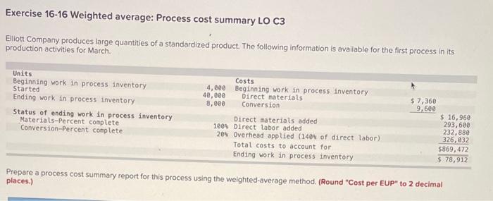  Exercise 16-16 Weighted average: Process cost summary LO C3 Eliott Company