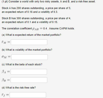  (1 pt) Consider a world with only two risky assets, A