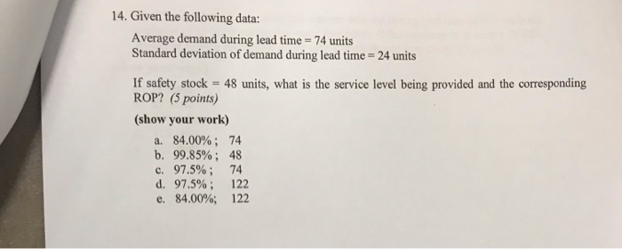  14. Given the following data: Average demand during lead time =