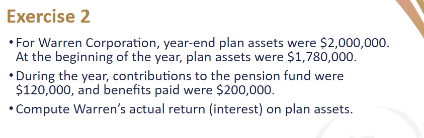  Exercise 2 For Warren Corporation, year-end plan assets were $2,000,000. At