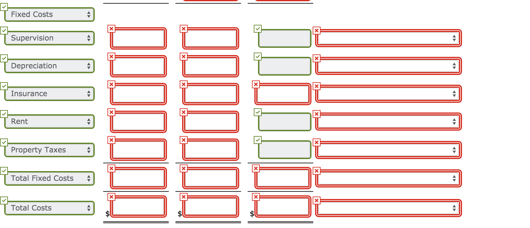 Overhead Costs Supervision $89,280 Depreciation 73,440 Insurance 26,040 Rent 21,360 Indirect labor